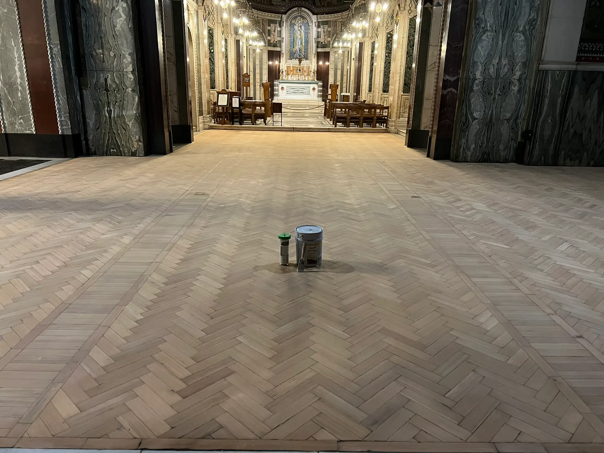 wide shot of a church floor being sanded touche flooring